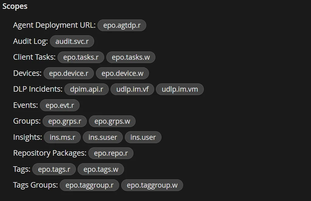 trellix API scope list