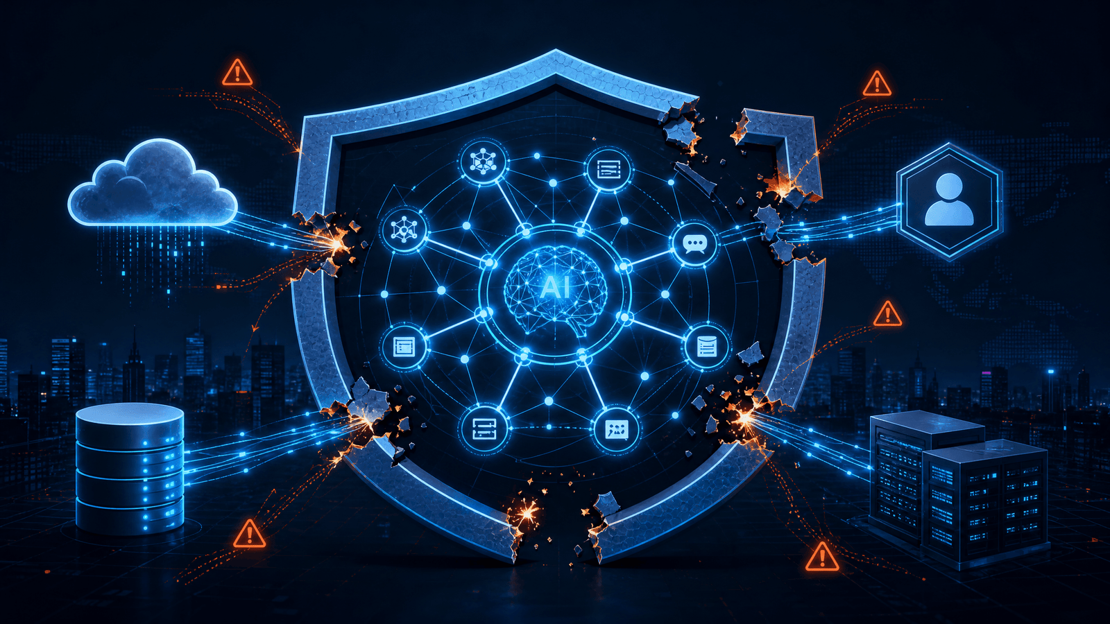 AI Creating Major Cybersecurity Gaps — 87% of Organizations Breached 1 AI network connected to cloud, identity, and data systems with visible gaps in a protective shield