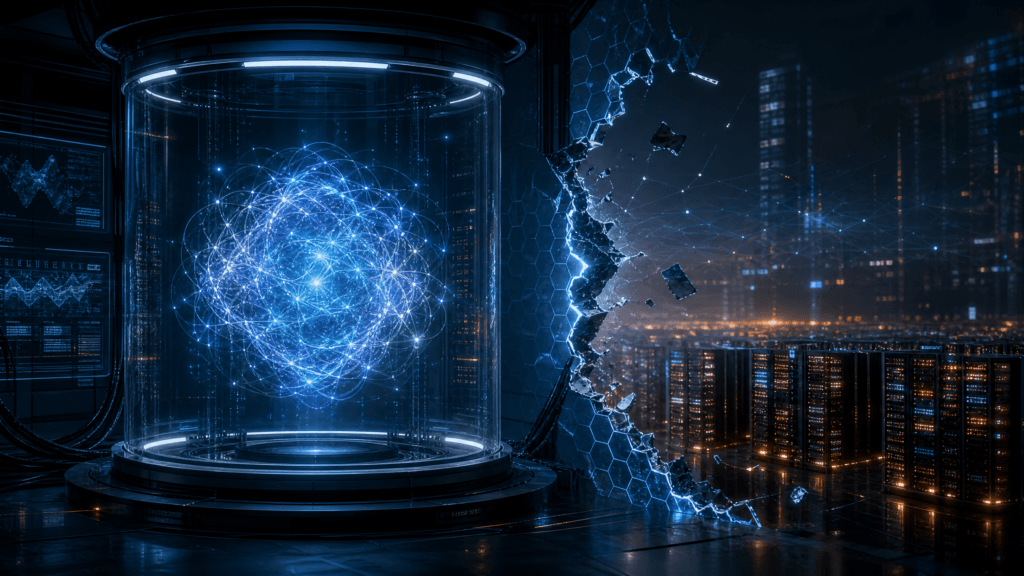 Abstract AI model inside a cyber evaluation chamber with a broken network boundary and real servers beyond it