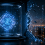 Abstract AI model inside a cyber evaluation chamber with a broken network boundary and real servers beyond it