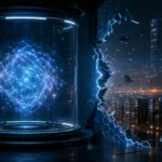 Abstract AI model inside a cyber evaluation chamber with a broken network boundary and real servers beyond it
