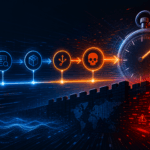 Cybersecurity vulnerability timeline accelerating from discovery to exploitation beside a glowing stopwatch