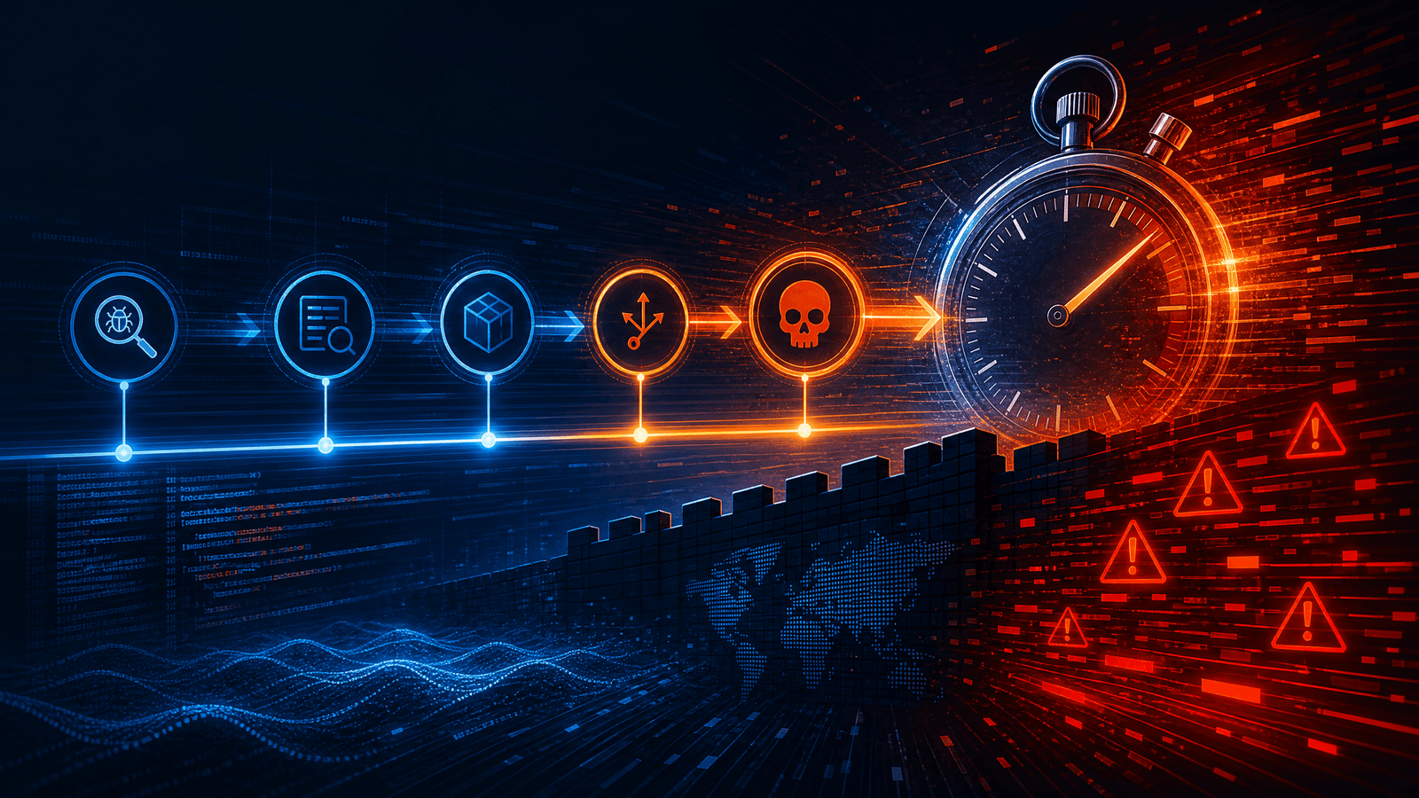 Palo Alto Networks Warns Vulnerabilities Weaponized in Minutes 1 Cybersecurity vulnerability timeline accelerating from discovery to exploitation beside a glowing stopwatch
