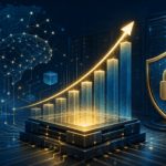 AI and cybersecurity investment growth visualization with a rising gold chart and digital security shield