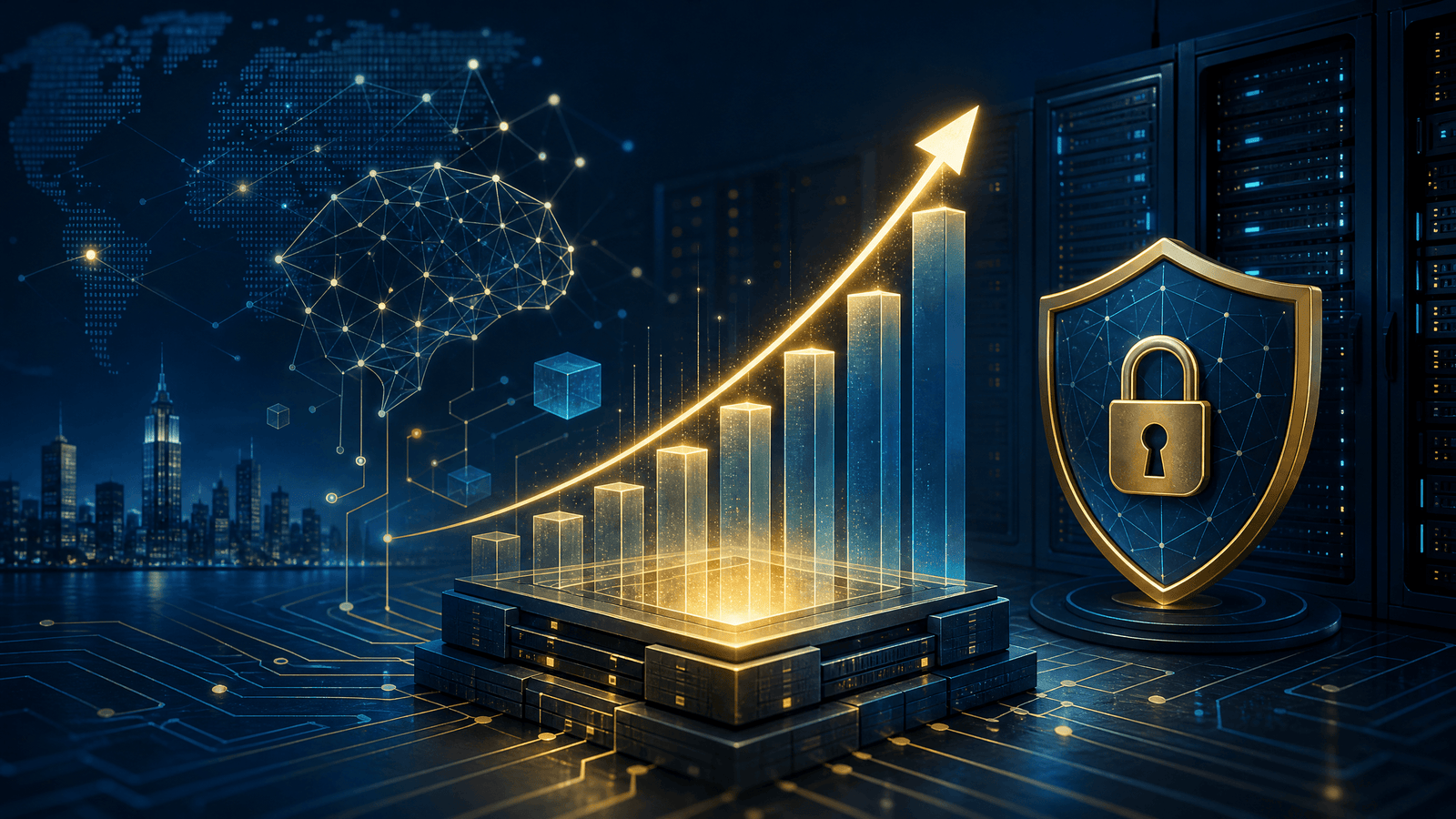 Team8 AI Fund Raises $365M for AI-Native Cybersecurity Startups 1 AI and cybersecurity investment growth visualization with a rising gold chart and digital security shield