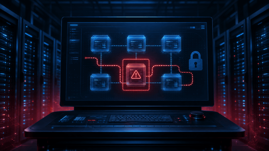 VMware vCenter server console showing a red vulnerability warning and path-traversal attack path in a data center
