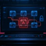 VMware vCenter server console showing a red vulnerability warning and path-traversal attack path in a data center