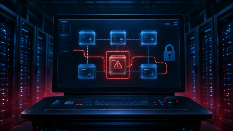 VMware vCenter server console showing a red vulnerability warning and path-traversal attack path in a data center