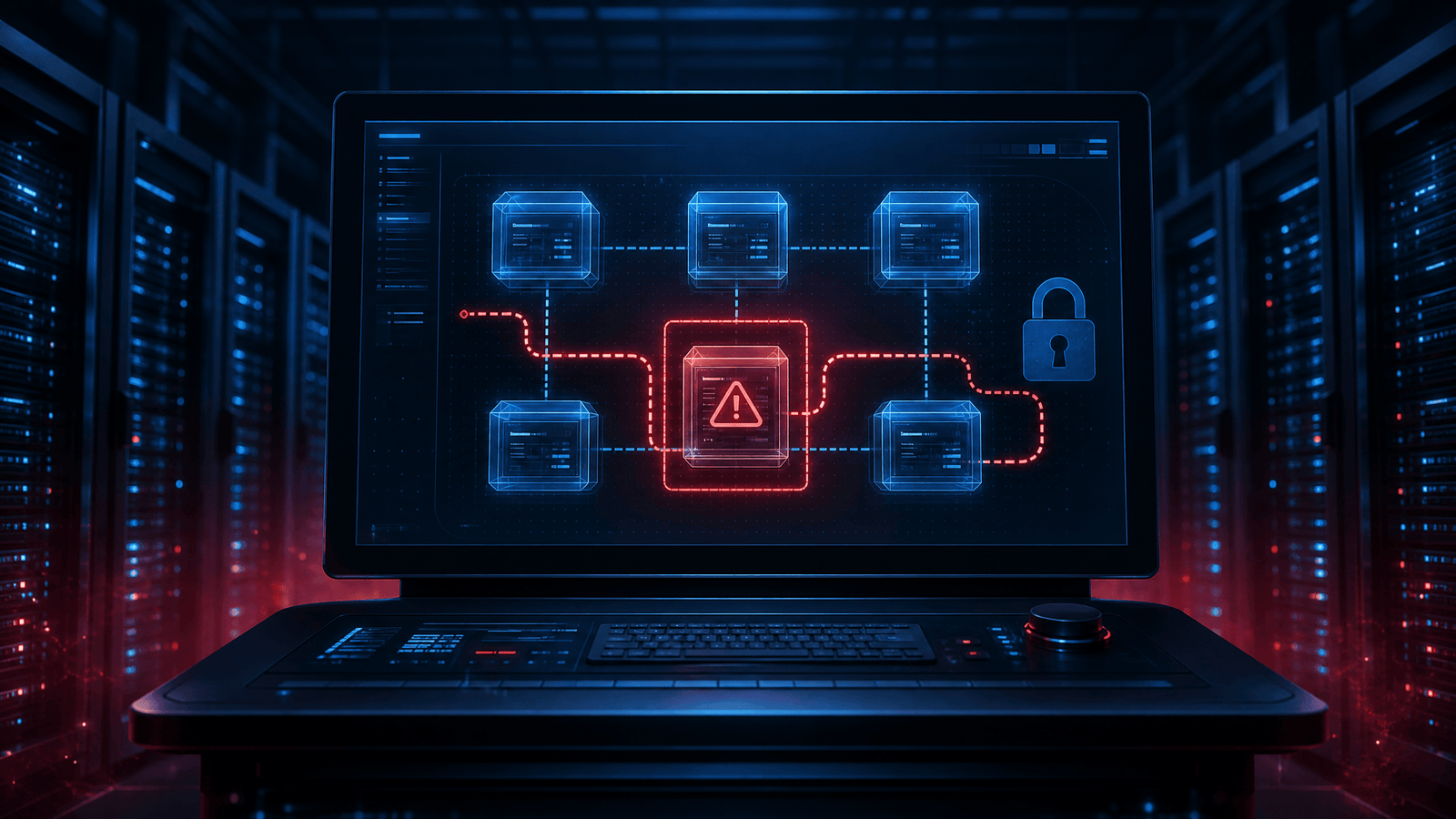Critical VMware vCenter Vulnerability (CVE-2026-59310) Under Active Attack 1 VMware vCenter server console showing a red vulnerability warning and path-traversal attack path in a data center