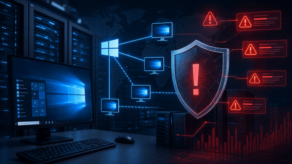 Windows enterprise servers and remote administration connections surrounded by red vulnerability alerts