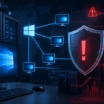 Windows enterprise servers and remote administration connections surrounded by red vulnerability alerts